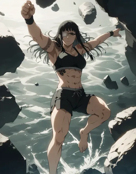 score_9, score_8_up, score_7_up,score_6_up,high resolution,source_anime,s0fiavalm3t,1girl,eyepatch,black hair,long hair,,water,rocks,volumetric lighting,rim lighting,dof,dramatic shadow,full body,dynamic pose,looking at viewer,pov,suspended in air, tattoos...