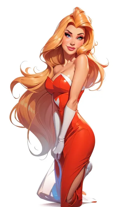 (cartoon style:1.2), Cartoon very beautiful young redhead woman 30 years old is Jessica rabbit with a little smile luscious lips with a very beautiful red strapless slit dress with white sequins very low-cut very sexy with a very beautiful very generous ch...