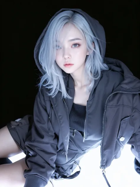 woman with grey hair and a black jacket posing for a picture, cyberpunk girl in hoodie, ulzzang, ample chest, gynoid body, gynoid cyborg body, angelphilia body, extra detailed body, ( highly detailed figure ), anatomically correct body, photorealistic, hd ...