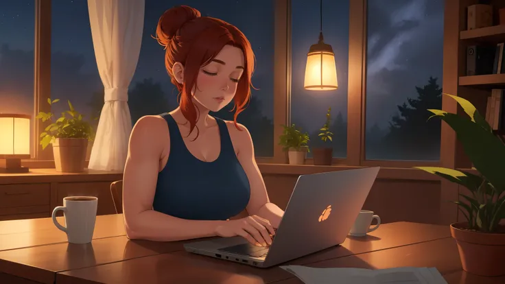 "A cozy indoor evening scene featuring A woman short auburn hair with big breasts with short, wavy auburn hair tied in a loose bun, sitting at a wooden desk. She has a fit and toned physique, wearing a pink tank top, and is typing on a sleek laptop with a ...