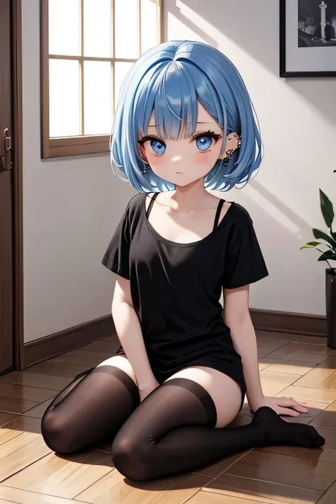 Very slim sweet girl of rather short stature with soft blue hair in a long black t-shirt and black tights with nose piercings on the floor in the room 