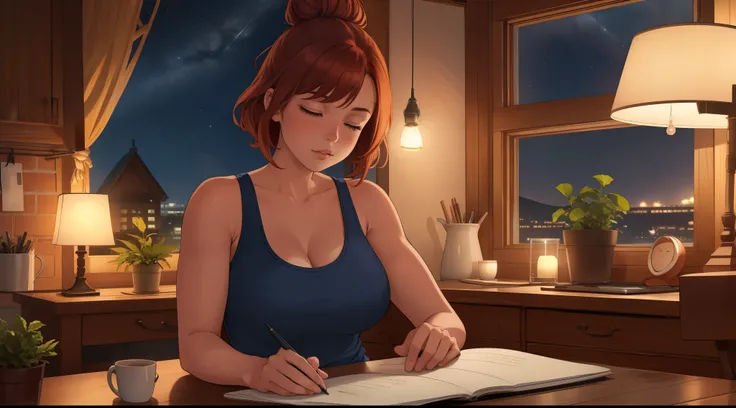 "A cozy indoor evening scene featuring A woman short auburn hair with big breasts with short, wavy auburn hair tied in a loose bun, sitting at a wooden desk. She has a fit and toned physique, wearing a pink tank top, and is typing on a sleek laptop with a ...