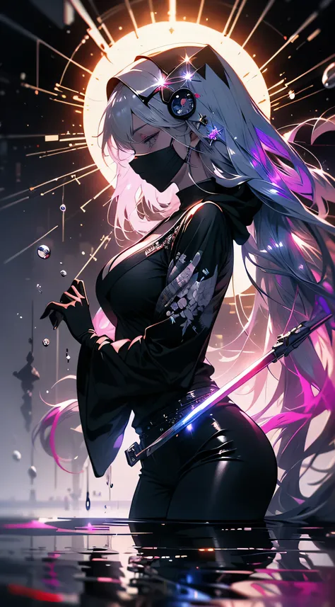 8k,masterpiece,best quality, ((( silhouette art:1.4))), a stylish and sexy ninja hoodie that shows off her cleavage and thighs, (Double Exposure:1.3), Bright violet and silver hair with pink streaked, Japanese garden with bamboo grove,wields an infernal Gr...