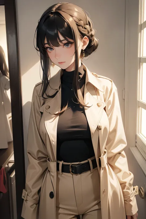 Female,  1 girl, alone, portrait, leaf, in fitting room, bangs, sidelocks,20-year-old, ((bob hair)), Surrealism, (large breasts, glamorous body), slim waist,slim pants,  (beige trench coat),blue button shirt, belt, cowboy shot