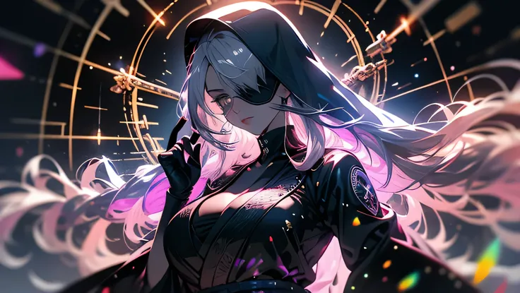 8k,masterpiece,best quality, ((( silhouette art:1.4))), a stylish and sexy ninja hoodie that shows off her cleavage and thighs, (Double Exposure:1.3), Bright violet and silver hair with pink streaked, Japanese garden with bamboo grove,wields an infernal Gr...