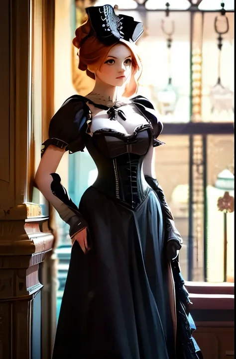 araffe woman in a black dress standing in a room, emaciated black evening gown, in detailed steampunk dress, elegant corset, victorian inspired clothing, in victorian aristocrat, corset, “ sensual, vintage gothic gown, inspired by Gabriel Ba, brown corset,...