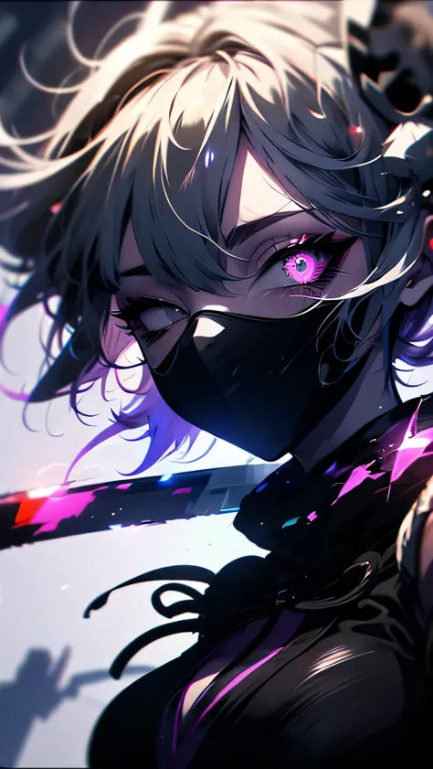 8k,masterpiece,best quality, ((( silhouette art:1.4))), a stylish and sexy ninja hoodie that shows off her cleavage and thighs, (Double Exposure:1.3), Bright violet and silver hair with pink streaked, Japanese garden with bamboo grove,wields an infernal Gr...