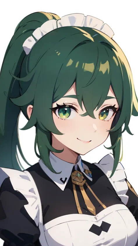 (( top quality)), ((masterpiece)), (  Details), Green Hair, maid outfit , Ponytail,Moe Moe Ekyun,smile,No background,Petrochemical,Genshin Impact,