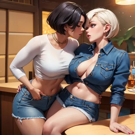 Amazing portrait of a sexy woman with her short hair in a bob style wearing a tight white full sleeved crop top showcasing her medium chest and denim shorts showing her voluptuous body and her perfect lips kissing and making out with a shirtless boy sittin...