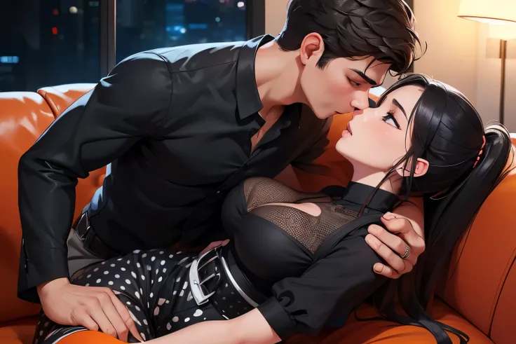 Young boy wearing black shirt with folded sleeves tucked into grey pants with a black belt kissing and making out with a sexy and beautiful woman wearing an orange and white polka dress lying on the couch in a secluded area in a club