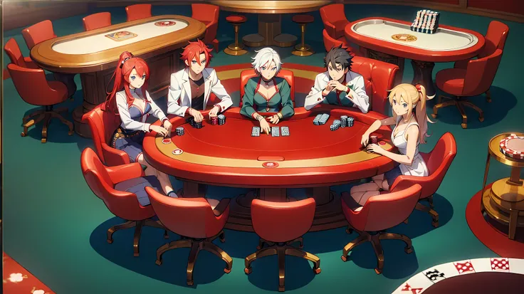 an ((anime art: 1.5)), Highly detailed, Masterpiece, chairs around the table, solo, card, table,, indoors, playing card, across table, millennium puzzle, red armchair,poker coins, (((many poker tables in background)))