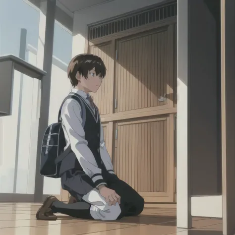 masterpiece, best quality, highres, 1 boy, handsome, school uniform, school bag, kneeling,