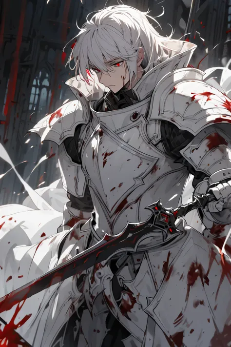 Knight, young man, white armor, white hair, red eyes, looking down, holding a sword, covered in blood.