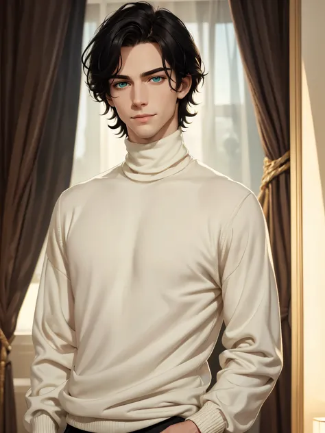 (best quality), 1boy, pale skin, black hair, medium hair, curtain hair, tousled hair, green eyes, perfect eyes, dark circles under eyes, handsome, light smile, attractive, turtleneck sweater, masterpiece, anatomically correct, highres
