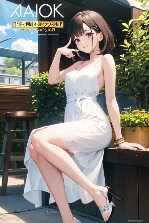 1girl, glowing ,light rays, (manga cover:1.2), hand up, pointing, A young woman standing outdoors in a casual, chic outfit. She is wearing a white, sleeveless, summer dress with a delicate lace pattern and thin straps. She holds a pastel blue handbag and w...