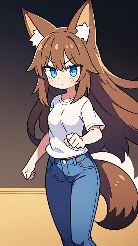  1 girl,  long hair,  blue eyes, Brown Hair, ,  animal ears ,  fox ear,tail, white shirt,jeans,whole body, serious face,cute,Im racing on a motorcycle