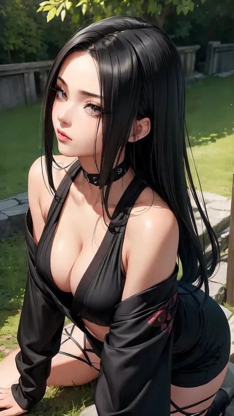 (((Perfect detailed masterpiece))) DIGITAL art, the Village Hidden in the Leaves, or more commonly known as Konohagakure landscape, 21 year old  (((Mature women))), Sexy leaf village uchiha clan kunoichi named xexia uchiha, (silky, jet black, slick back wa...