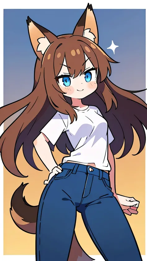  1 girl,  long hair,  blue eyes, Brown Hair, ,  animal ears ,  fox ear,tail, white shirt,jeans,whole body, serious face,cute,Racing on a sports-type motorcycle,smile