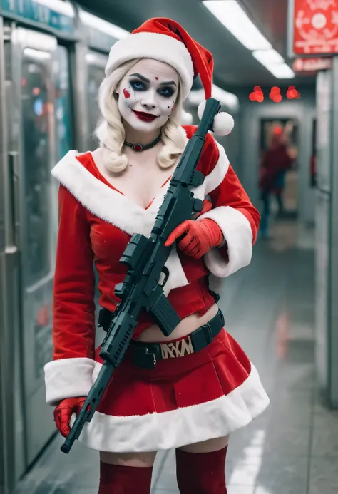 Cinematic image of Harley Quinn dressed as Mother Claus wearing a Santa Claus hat and holding a Glock in her hand at a North Pole subway station decorated for Christmas 