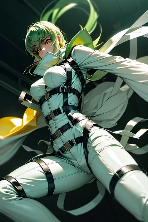  perfect anatomy 　  top quality,  highest resolution,(((latex white straitjacket　 green hair　 Yellow Eyes　sweat)))　c.c