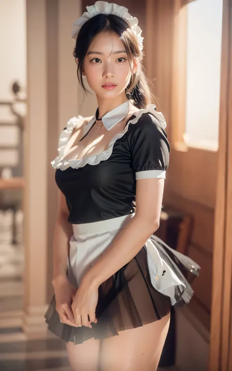 (black and white maid costume:1.5),(happy smile),(8k, RAW photo, best quality, masterpiece:1.2), (realistic, photo-realistic:1.4), (extremely detailed 8k wallpaper), detailed face,a stunningly beautiful young woman, perfect symmetrical face, smooth flawles...