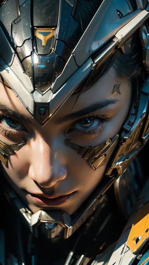 A beautiful woman with flawless, textured skin, wearing a futuristic Gundam mech, detailed facial features, high-resolution, photorealistic, masterpiece, ultra-detailed, sharp focus, vivid colors, physically-based rendering, concept art, digital painting, ...