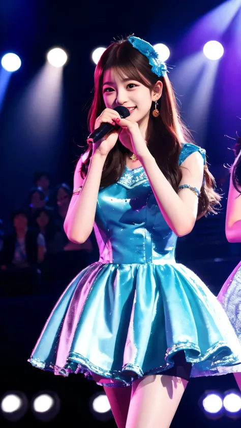 realistic, realistic, masterpiece, highest quality, one girl, alone, in stage, Stage lighting, Stage Spotlight, look at the audience, smile, Idol_sing_costume, (Pueros face_v1:0.8),South Korean Idol,Nogizaka idol,actress,Idol Sculpture