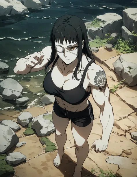 score_9, score_8_up, score_7_up,score_6_up,high resolution,source_anime,s0fiavalm3t,1girl,eyepatch,black hair,long hair,,water,rocks,,full body,,looking at viewer,pov, tattoos on shoulder,wearing sport bra,black sport shorts,Barefoot,training hard,Parkour,...