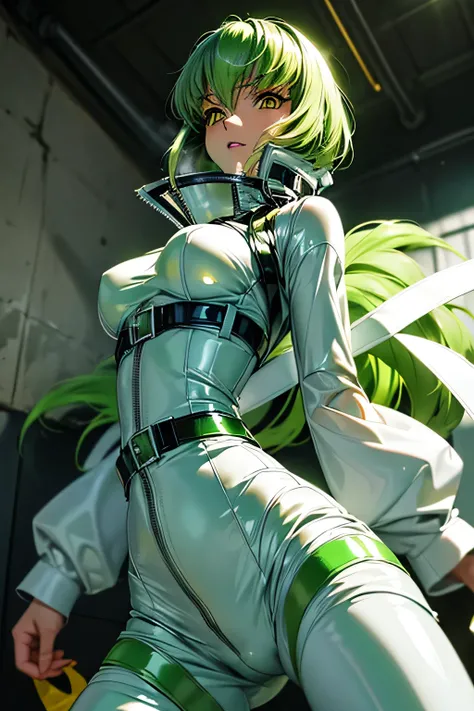  perfect anatomy 　  top quality,  highest resolution,(((shiny latex white straitjacket　 shiny green hair 　 Yellow Eyes　sweat)))　c.c　cool