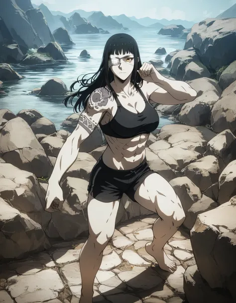 score_9, score_8_up, score_7_up,score_6_up,high resolution,source_anime,s0fiavalm3t,1girl,eyepatch,black hair,long hair,,water,rocks,,full body,,looking at viewer,pov, tattoos on shoulder,wearing sport bra,black sport shorts,Barefoot,training hard,Parkour,...