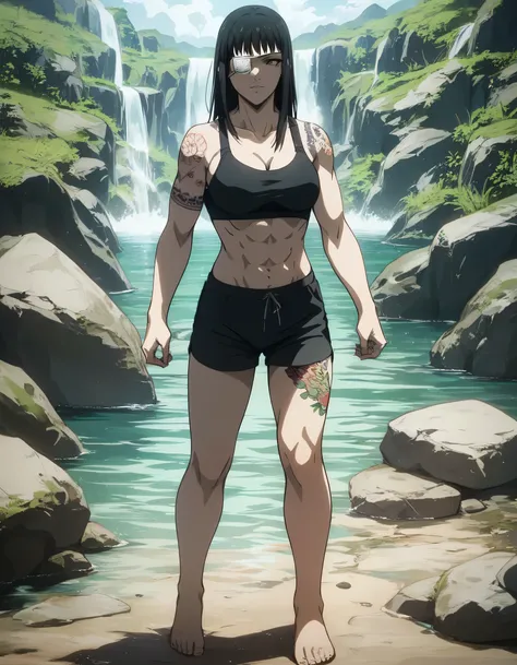 score_9, score_8_up, score_7_up,score_6_up,high resolution,source_anime,s0fiavalm3t,1girl,eyepatch,black hair,long hair,,water,rocks,,full body,,looking at viewer,pov, tattoos on shoulder,wearing sport bra,black sport shorts,Barefoot,training hard,Parkour,...