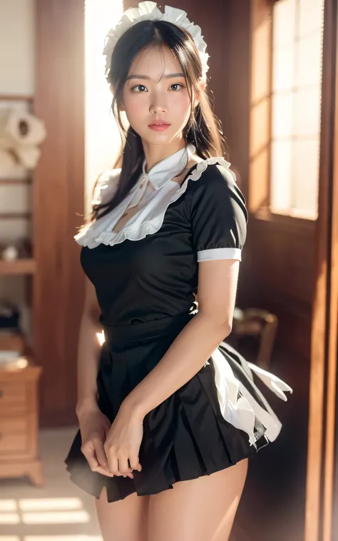 (black and white maid costume:1.5),(happy smile),(8k, RAW photo, best quality, masterpiece:1.2), (realistic, photo-realistic:1.4), (extremely detailed 8k wallpaper), detailed face,a stunningly beautiful young woman, perfect symmetrical face, smooth flawles...
