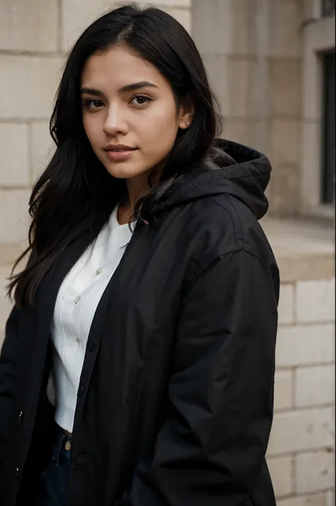 Portrait, Latin woman, white skin, black hair, 20 years old, wearing black coat
