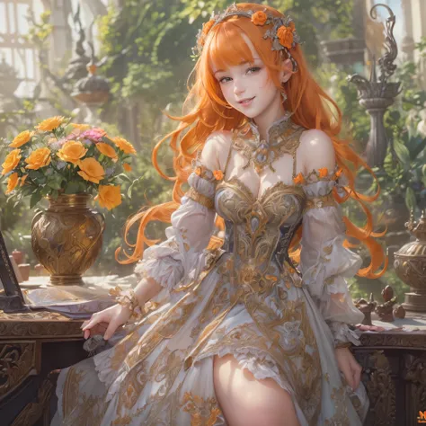 (masterpiece:1.4), (best quality:1.4), fantasy, extremely detailed, intricate, hyper detailed, illustration,soft lighting, 1girl, Orange hair_flower, dress, bend_over , grin, (perfect_face), sitting, desk, ornate, intricate, dramatic lighting, 4k, detailed...