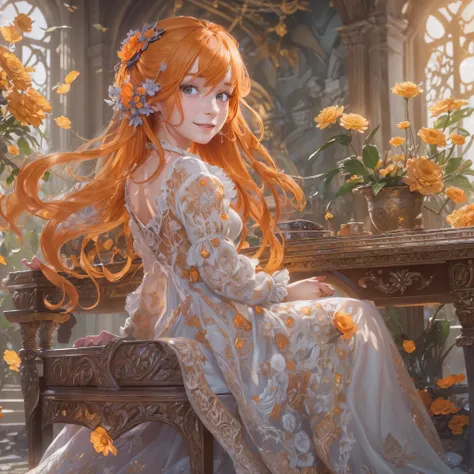 (masterpiece:1.4), (best quality:1.4), fantasy, extremely detailed, intricate, hyper detailed, illustration,soft lighting, 1girl, Orange hair_flower, dress, bend_over , grin, (perfect_face), sitting, desk, ornate, intricate, dramatic lighting, 4k, detailed...