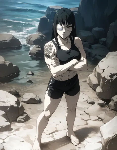 score_9, score_8_up, score_7_up,score_6_up,high resolution,source_anime,s0fiavalm3t,1girl,eyepatch,black hair,long hair,,water,rocks,,full body,,looking at viewer,pov, tattoos on shoulder,wearing sport bra,black sport shorts,Barefoot,training hard,Parkour,...