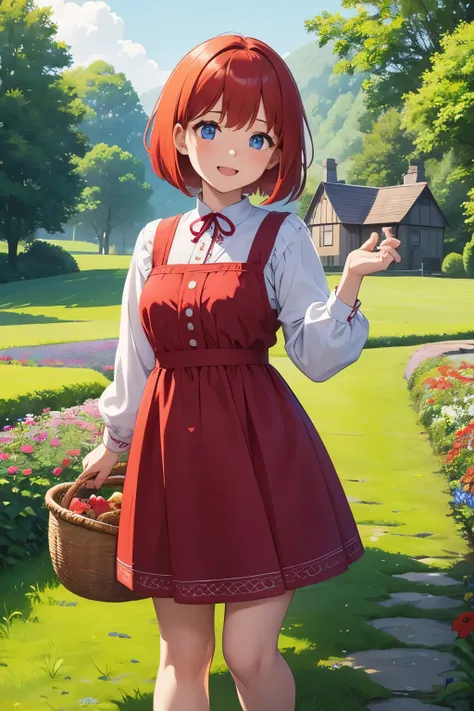 A cheerful village girl with short, vibrant red hair styled in a neat bob cut. Her bright blue eyes shine with innocence and curiosity, reflecting her lively and kind personality. She is dressed in a simple yet charming red dress with subtle white embroide...