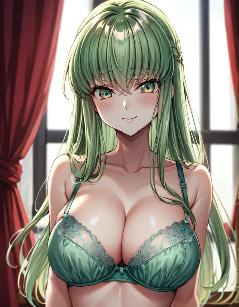 cc_codegeass,hair between eyes,long hair,(large breasts:1.55),(shiny,hair),((solo)),((masterpiece)),((best quality)),perfect anatomy,slim waist,perfect image,8k UHD,(beautiful detailed eyes:1.5),extremely detailed face,standing,(upper body:1.2),(look at th...