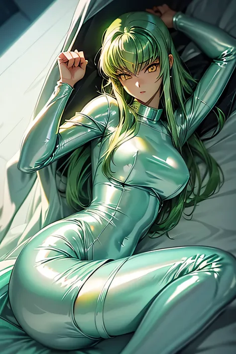  perfect anatomy 　  top quality,  highest resolution,(((metallic shiny latex white dress　 shiny green hair 　 Yellow Eyes　sweat)))　c.c