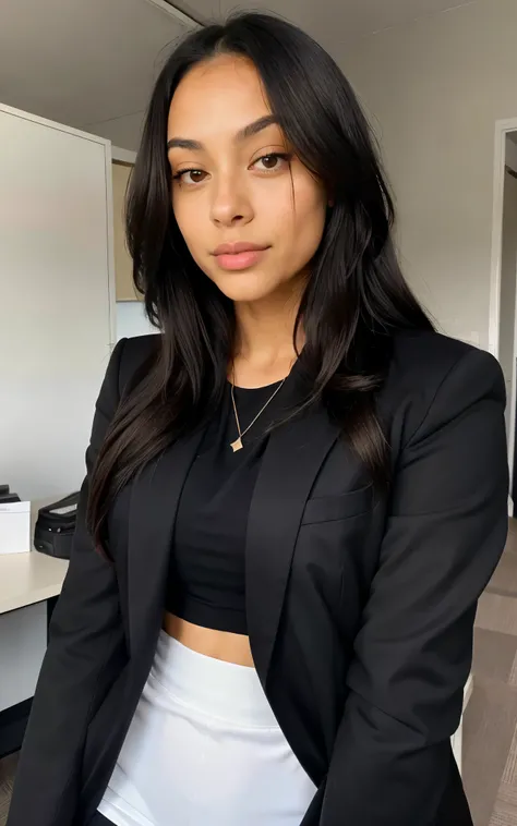 Healthy young mulatto woman with fine features,68 kg ,Long black hair parted in the middle,black eyes,with blazer in the office in the notebook,staring and face visible in a way that makes it easy to fit another face holding a mobile phone