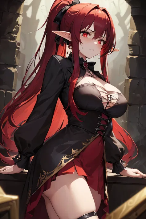 (masterpiece), (best quality), (ultra detailed), (disheveled hair), (illustration), (1girl), (dark and gothic clothing), demonic, red-haired, succubus, elf, adult, long hair, dark-gold and black clothes, introvert, sexy, ponytail hair, sexy without being f...