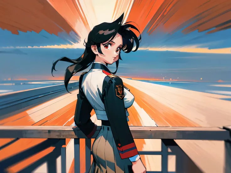 Kenichi Sonoda, retro art-style, 90s Japanese Anime Style, Sci-fi, sci-fi gadgets, big budget, 1mature woman, solo, 30yo, anime beauty, Older sister type with a calm atmosphere, Unparalleled beauty, Black long length hair, forehead, Droopy eyes, red eyes, ...