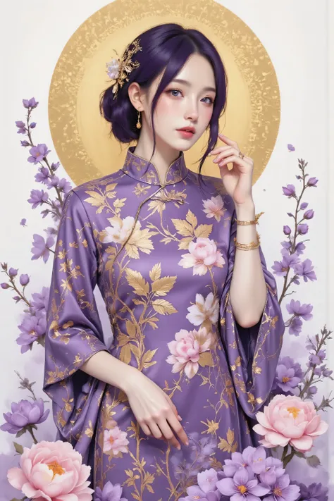 Purple hair adult woman in purple cheongsam full body front, Convert your flower art into a hand-drawn illustration.、Create backgrounds with vibrant colors and unique touches　The type of flower is statice、Gypsophila、sweet pea、