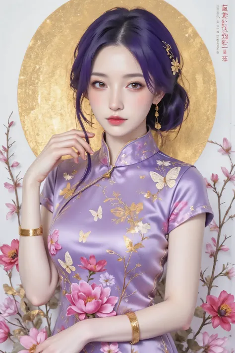 Purple hair adult woman in purple cheongsam full body front, Convert your flower art into a hand-drawn illustration.、Create backgrounds with vibrant colors and unique touches　The type of flower is statice、Gypsophila、sweet pea、