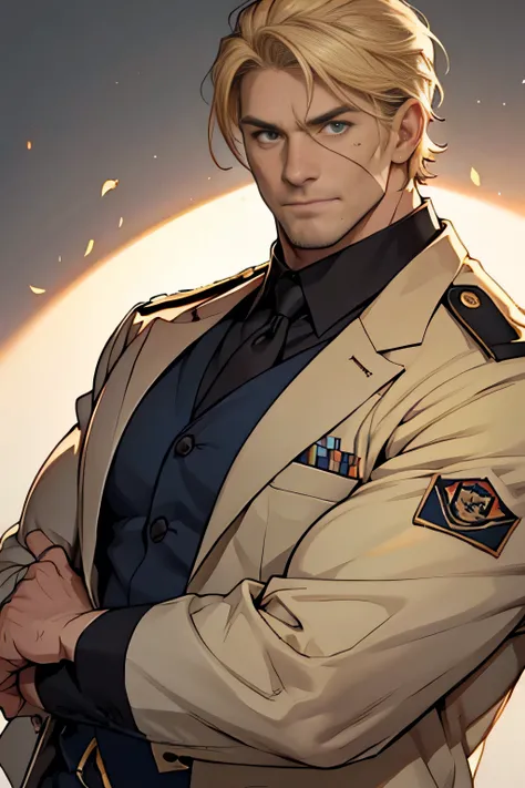 Man in his 40s，Short Hair，There is a scar on the face，Big man，uniform，Light blonde，