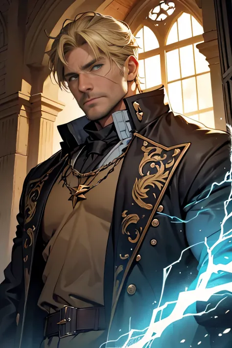 Man in his 40s，Short Hair，There is a scar on the face，Big man，Knights Outfit ，Light blonde，Inside the castle， uses lightning magic，