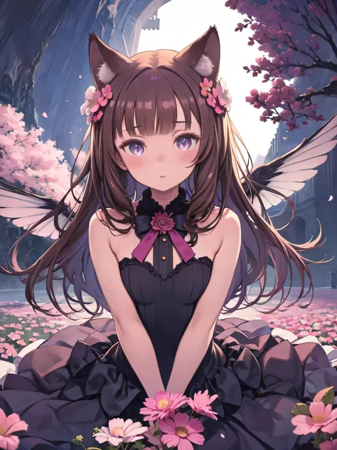  1 girl, naked,  animal ears ,  purple eyes,  brown hair , Wings, Alone,  long hair, , cat ears, flower,  viewers who stop at the edge,  braids , bow,  dress, pink flower, bow,  hair accessories , bangs, cat, hair flower,  animal ears 毛,  holding,  virtual...