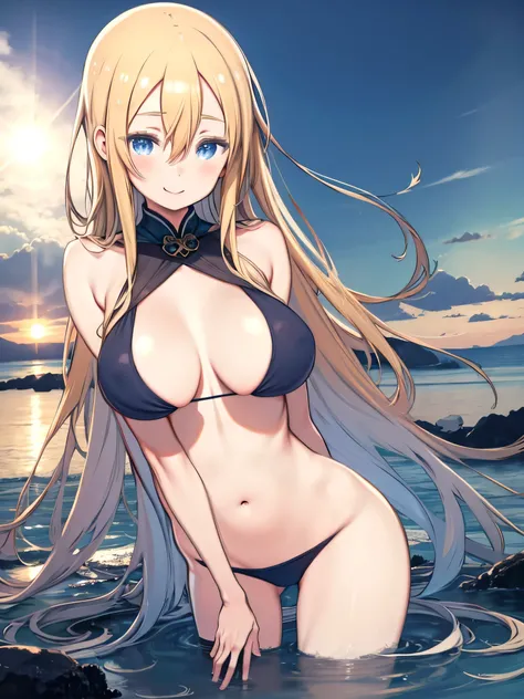 Woman with Big Breasts standing naked on the beach in the evening、 upper body、smile、Nipples、belly button、pubic hair、The sun sets on the horizon 、 fantasy、blonde hair、hair between eyes、 blue eyes、 Straight Long Hair、 vagina、((Completely naked))、((Big Breast...