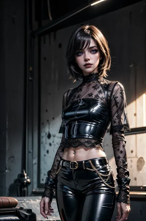 a woman wearing high quality glossy and ultra shiny black latex pants, multiple black belts, decorative chain belt, thin decorative belt, elaborate decorative belt, multi-belt, (best quality,4k,8k,highres,masterpiece:1.2),ultra-detailed,(realistic,photorea...
