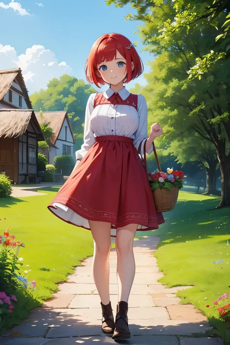 A cheerful village girl with short, vibrant red hair styled in a neat bob cut. Her bright blue eyes shine with innocence and curiosity, reflecting her lively and kind personality. She is dressed in a simple yet charming red dress with subtle white embroide...